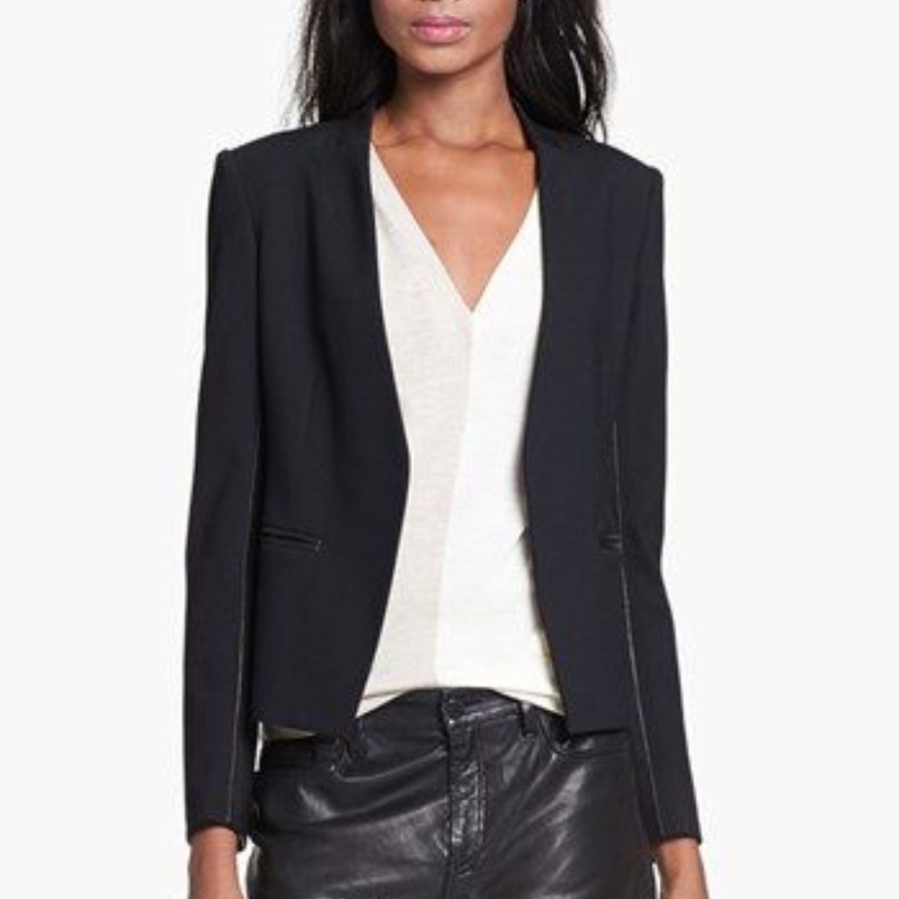 Theory collarless blazer w leather trimmings